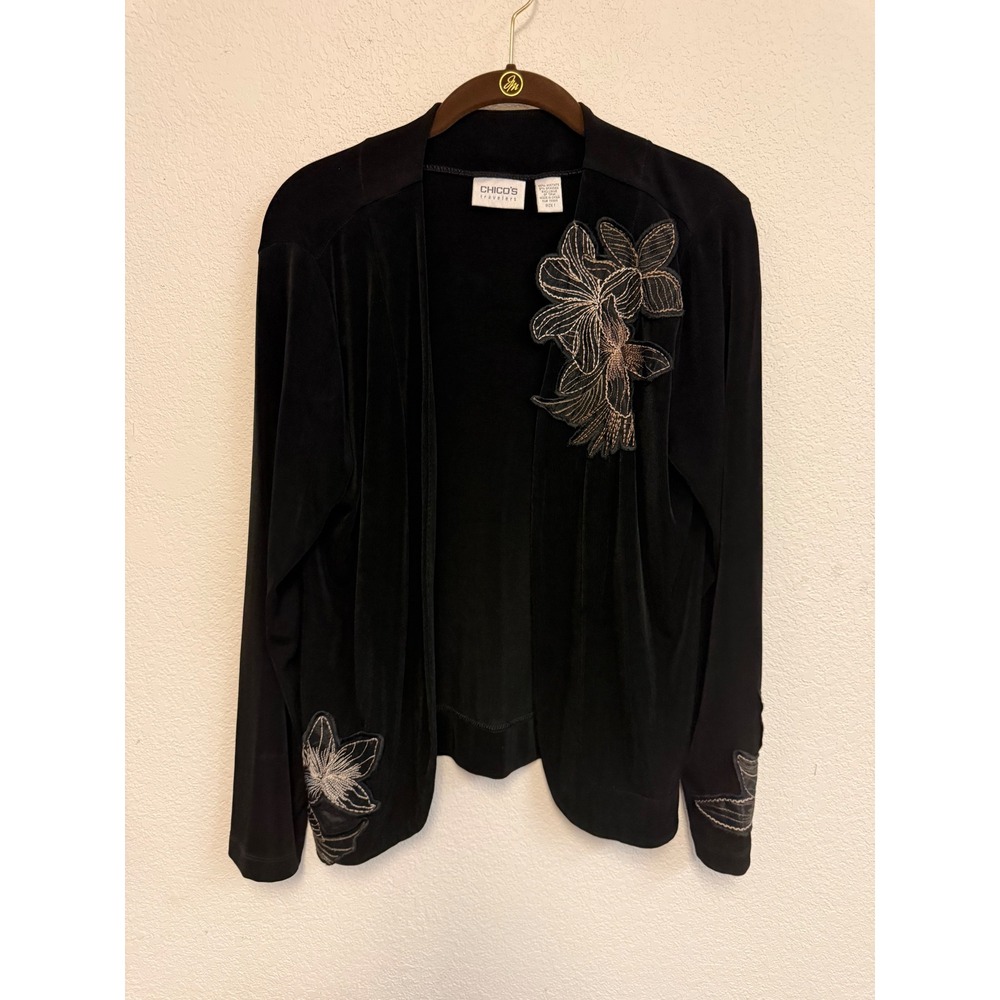 Chico's Travelers Cardigan Size 1 Medium Black Floral Applique Open Front
